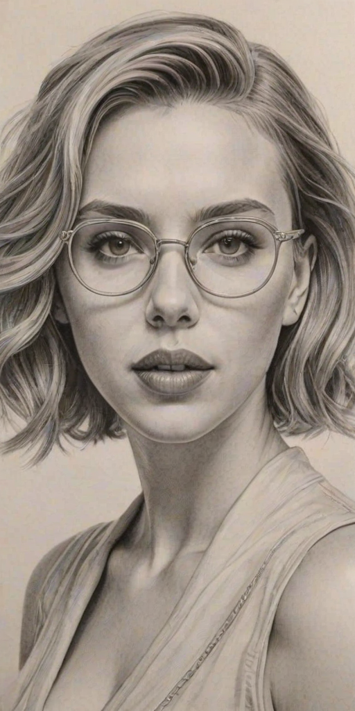 Ravishing Scarlett Johansson, pencil sketch, portrait of Radiant woman 1925s in glasses, hair style beatnik, outline, clear lines, fine lines, 8k