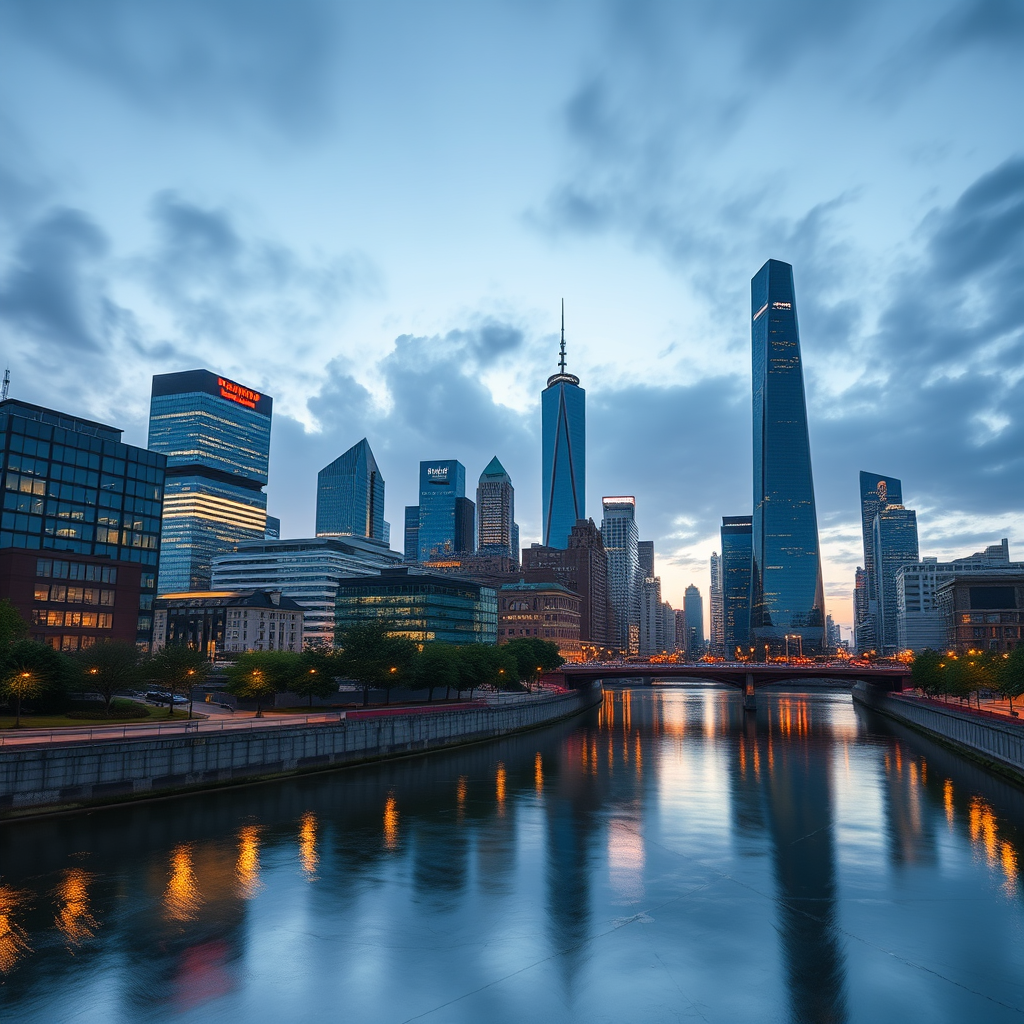 create an image of a modern city skyline at dusk with a reflective river in the foreground, captured with a Canon EOS R5, 24mm lens, f/8 aperture, ISO 100, shutter speed of 1/30s, using a wide-angle perspective to enhance detail and depth