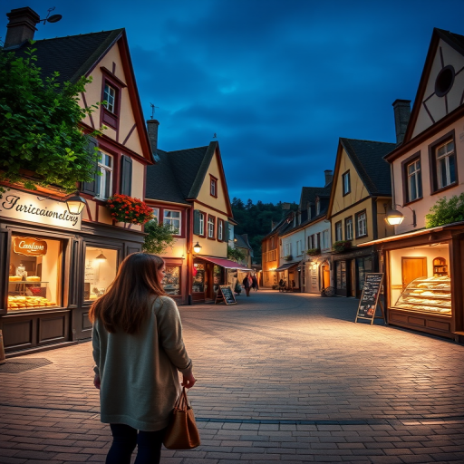 Charming village square at night, the streets illuminated by lamplight, a woman stands in front of a bakery, admiring the fresh pastries displayed in the window.