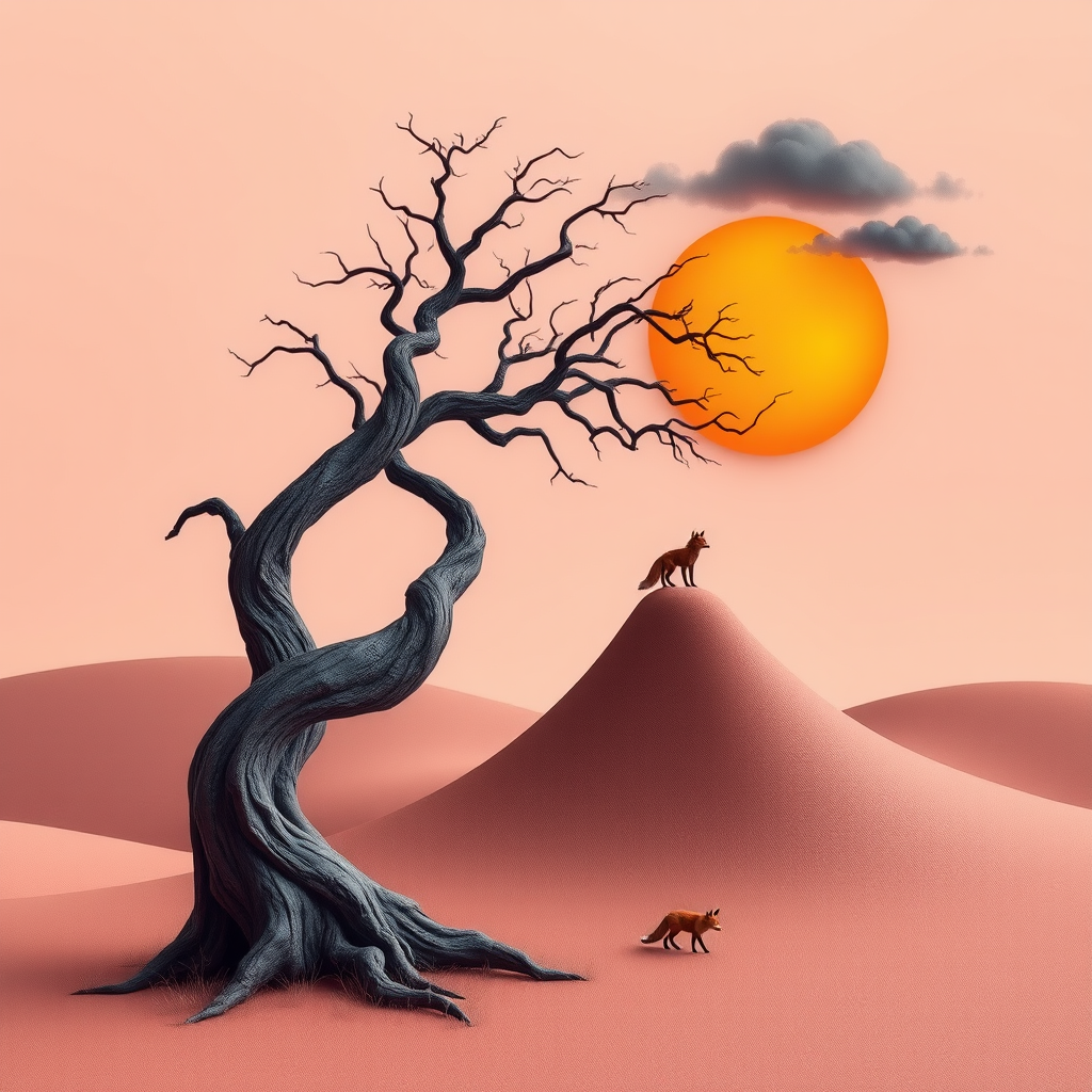 3D Geo-abstract landscape pastel muted colours. abstract tree with twisted contorted trunk. round vivid orange opaque sun in sky with single dark cloud. tiny fox. Topaz Look filter applied plus Topaz edge. Generative fill with some objects in PS.