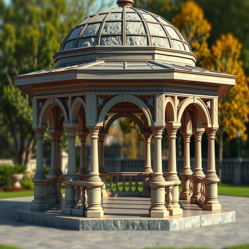 Create a highly detailed 3D rendering of an architectural gazebo with intricate stonework and a domed roof, using a DSLR camera with a 50mm lens, f/8 aperture, ISO 100, natural lighting, and a slight tilt-shift effect for enhanced perspective.