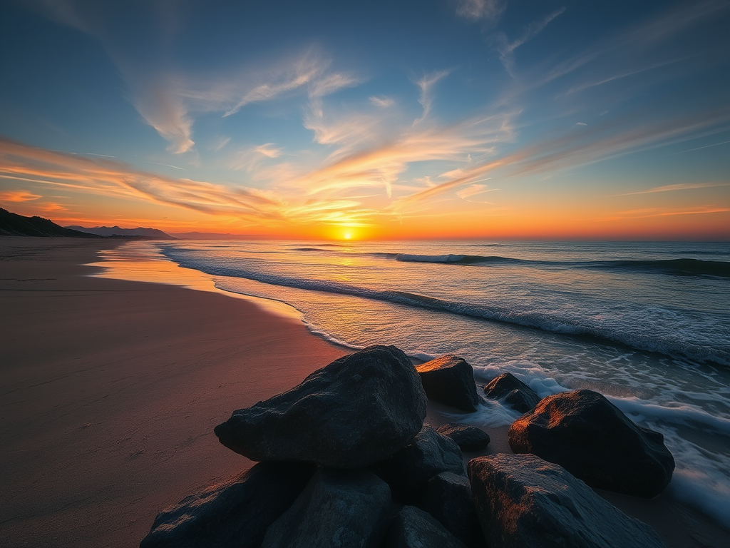 sunset at a beach with gentle waves lapping at the shore and rocky formations in the foreground, captured with a DSLR camera, 35mm lens, aperture f/11, ISO 200, shutter speed 1/60s, captured in landscape orientation, high dynamic range for enhanced colors and details