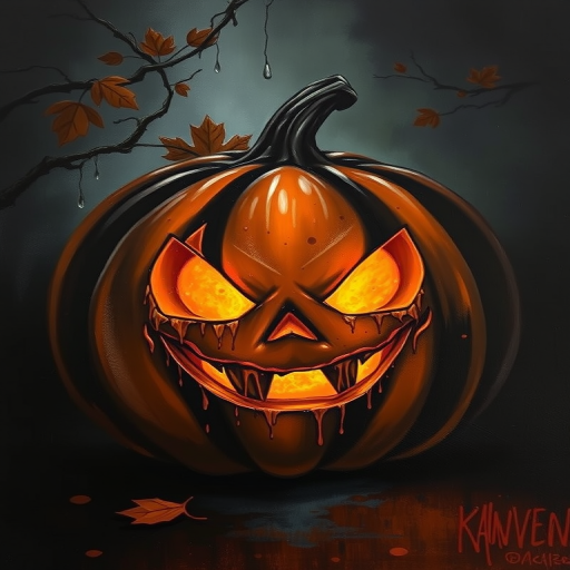 Create a dark and moody painting of a carved pumpkin with a sinister smile glowing from within set against a shadowy background with hints of autumn leaves and branches. The pumpkin should have a glossy texture with drips of paint to suggest rain or moisture, and the overall color palette should include deep oranges, blacks, and muted grays to evoke a Halloween atmosphere.