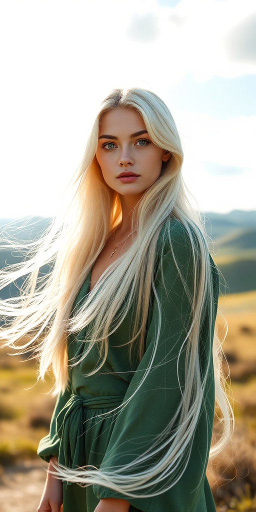 regenerate an ethereal portrait of a young woman with long white hair flowing in the wind, wearing a green outfit, set against a serene landscape of rolling hills and a bright sky with soft clouds, using a Canon EOS R5 with a 50mm lens at f/1.8, ISO 100, shutter speed 1/200s, focusing on capturing vibrant colors and fine details in natural light.