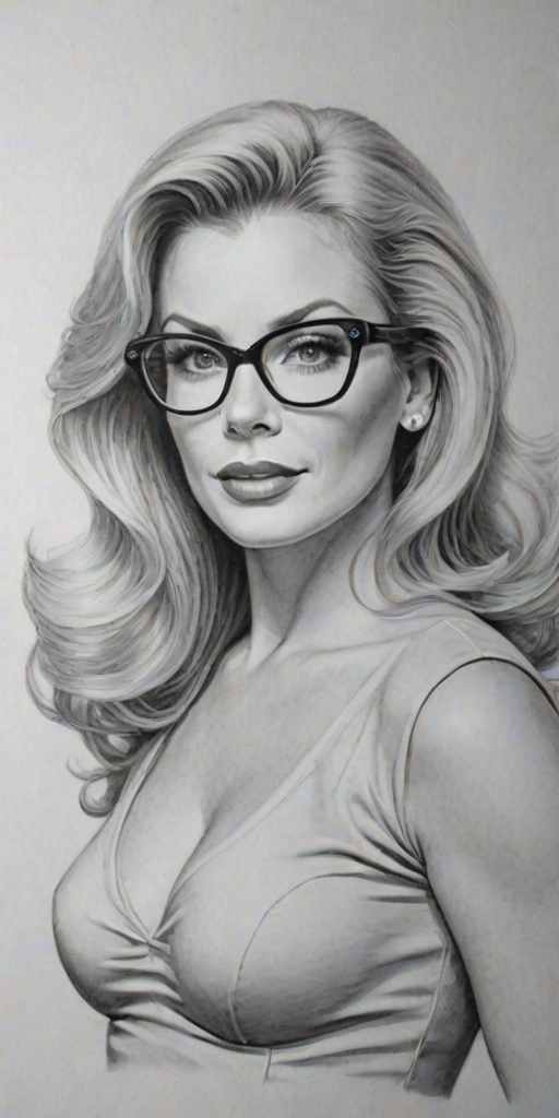 Bewitching Shannon Tweed, pencil sketch, portrait of Radiant woman 1955s in glasses, hair style beatnik, outline, clear lines, fine lines, 8k