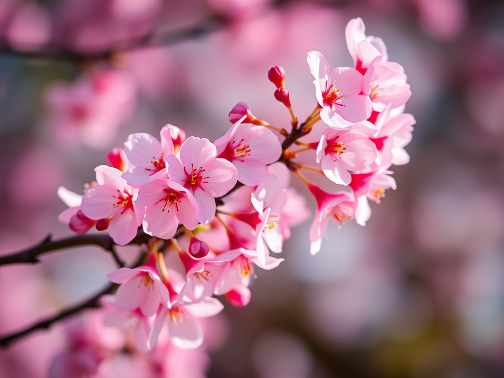 close-up of cherry blossom branches with pink flowers in soft-focus background, f/2.8 aperture, 50mm lens, ISO 200, natural light, DSLR camera, shallow depth of field