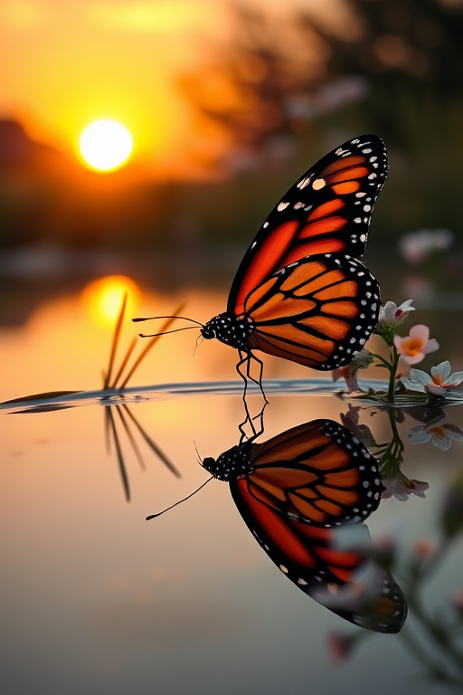 Generate an image of a butterfly with vibrant orange and black wings perched by a serene pond at sunset. The sun is setting in the background, casting a warm glow. The butterfly's reflection is visible in the still water, surrounded by soft flowers. The atmosphere is tranquil and enchanting, capturing the beauty of nature at dusk.