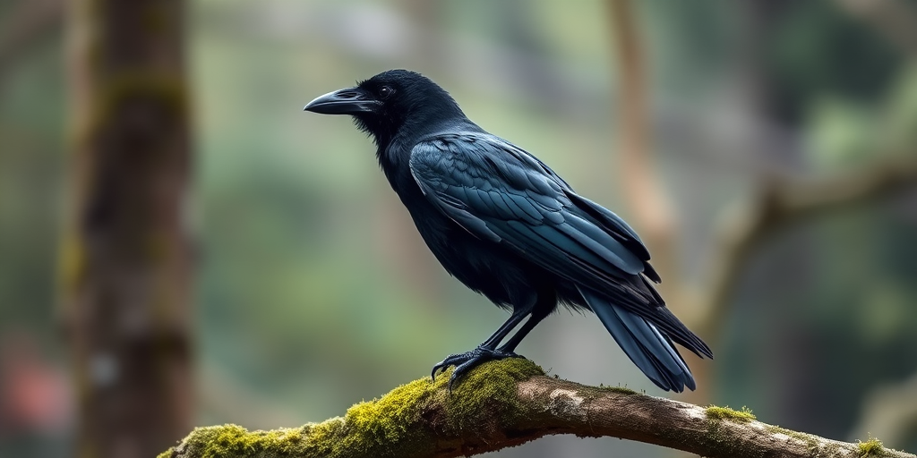 a raven perched on a mossy branch in a soft-focus forest background