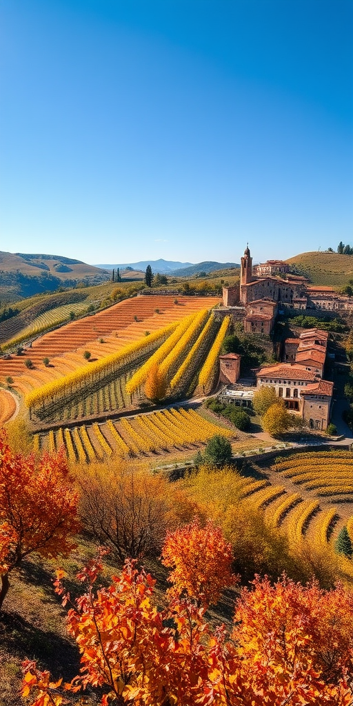 High-resolution landscape of terraced vineyards in a picturesque village, captured with a Canon EOS 5D Mark IV, 24mm lens, aperture f/8, ISO 100, focused on vibrant autumn colors under clear blue sky, shot from an elevated viewpoint to emphasize rolling hills and architecture.