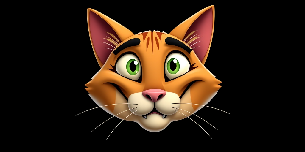 Create a high-resolution image of a cartoon cat's face with exaggerated features, using a DSLR camera at f/2.8, ISO 100, 50mm lens, shot in soft natural lighting for vibrant colors and sharp details on a plain black background.