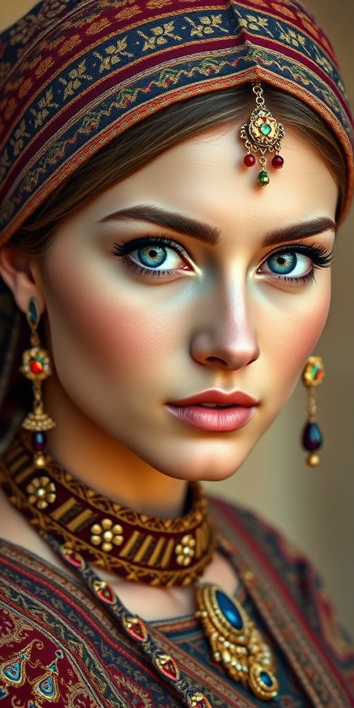 Create a portrait of a beautiful Circassian woman with striking cyan eyes and a gentle expression. She is adorned in traditional attire with intricate patterns, including a richly embroidered headscarf and matching garments. Her jewelry includes a delicate headpiece, dangling earrings, and ornate bracelets, all featuring vibrant gemstones and detailed metalwork. The background is soft and warm, enhancing the rich colors of her outfit and jewelry.