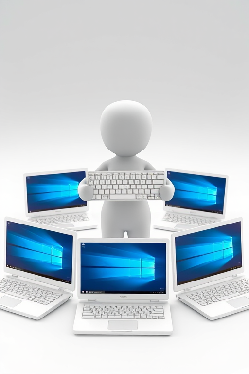 Create a 3D render of a stylized figure holding a keyboard surrounded by three modern white laptops with Windows screens, captured with a DSLR camera at f/2.8, ISO 100, 50mm lens, in a soft diffused lighting setup.