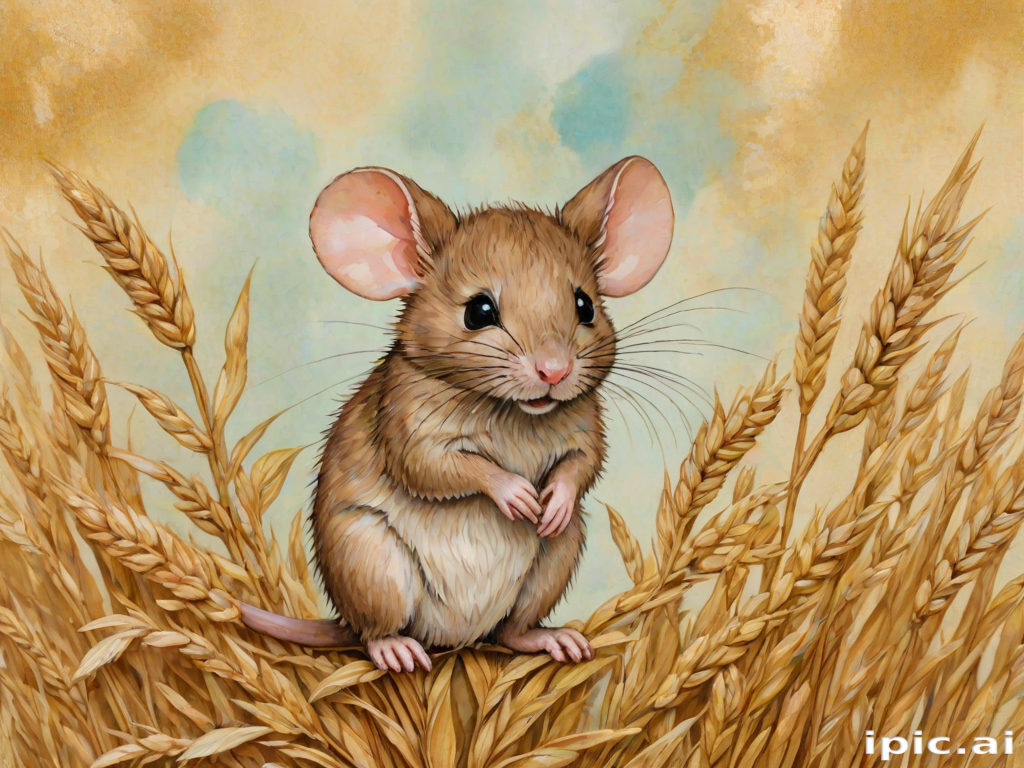 Soft, muted Alcohol Ink with ebru effect background image of tiny whimsical mousey, who climbed high on the top of a golden rye ear.