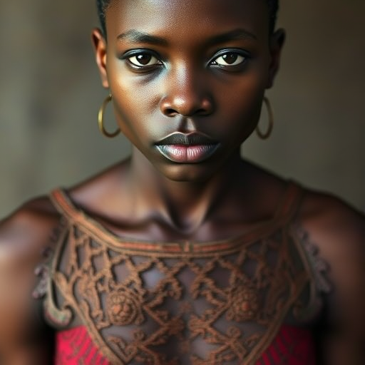 Face, shoulders, chest covered in openwork Creole embroidery. Raw, unedited image.