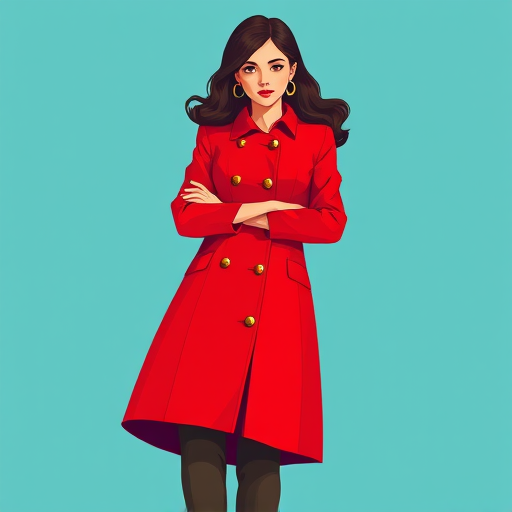 Create a vibrant digital illustration of a woman in a red coat with buttons, standing confidently, using a high-resolution setting of 300 DPI, with a focal length of 50mm, aperture set at f/4 for a sharp image, top-down perspective, and a colorful, flat style reminiscent of vector art.