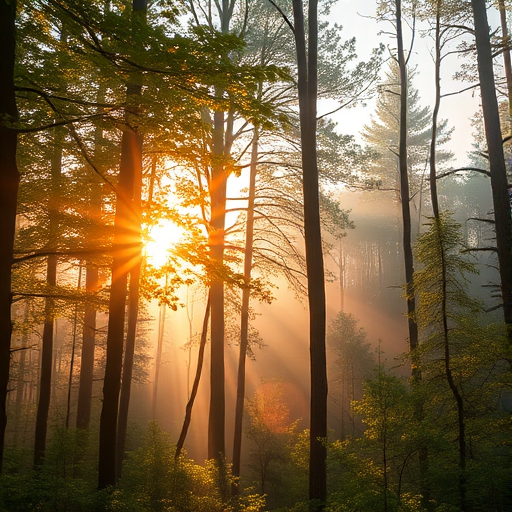 Create a high-resolution digital illustration of a tranquil forest scene at sunrise, capturing soft morning light filtering through trees, with vibrant foliage and gentle mist, using a Canon EOS R5 camera, 50mm lens, f/1.8 aperture, ISO 100, and a shallow depth of field to enhance the atmosphere and detail.