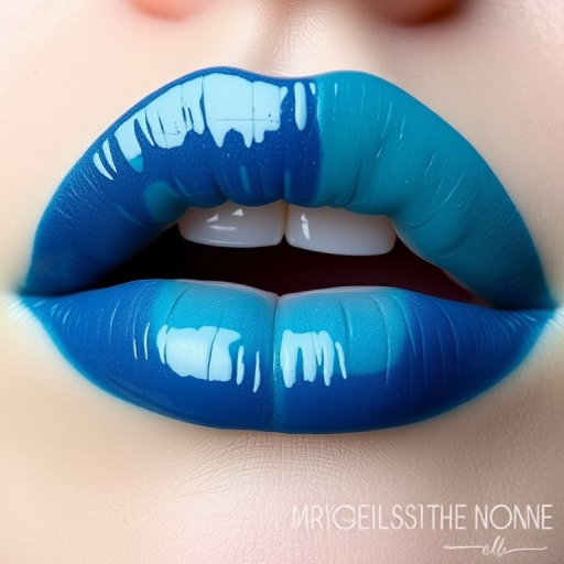 Serene ocean lips painted in various shades of blue and teal, with subtle white accents resembling sea foam and a glossy finish like water