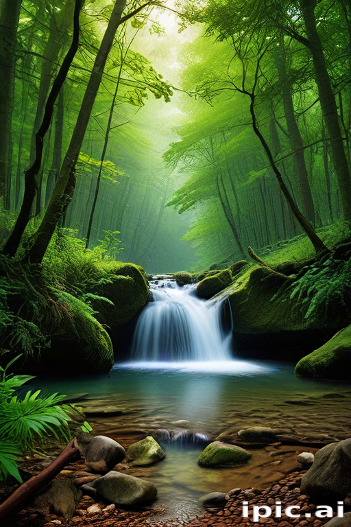 Tranquil Forest Scene with a Cascading Waterfall and Lush Greenery