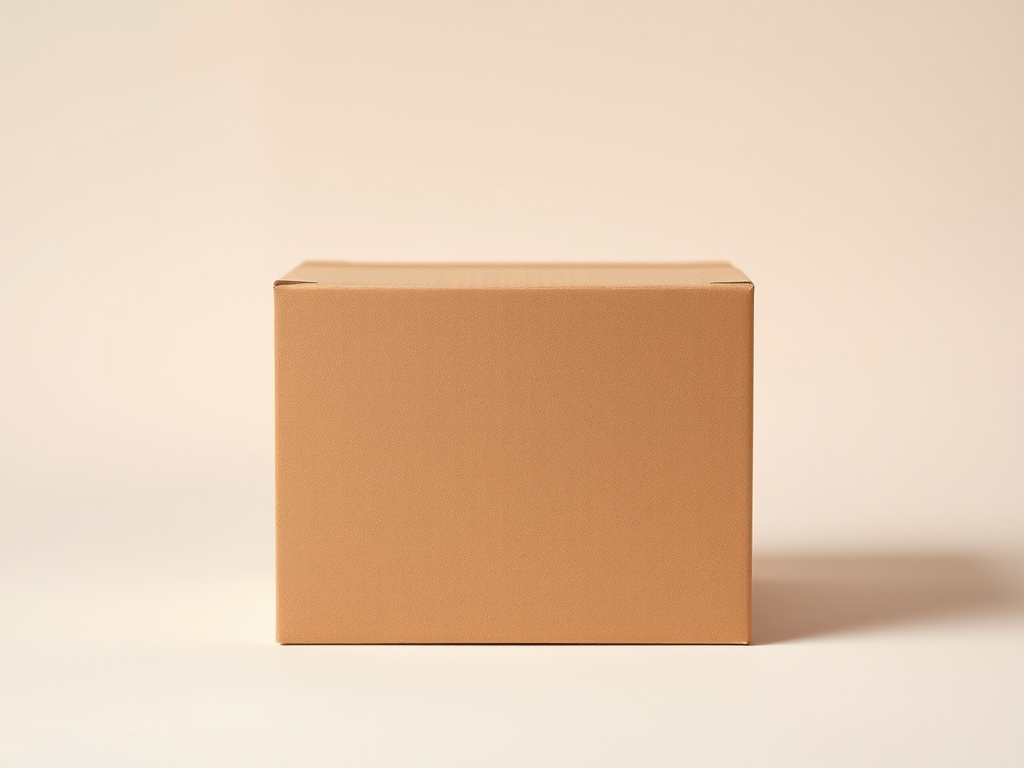 Create a high-resolution image of a plain brown cardboard box on a neutral background, captured with a Canon EOS R5 camera, 50mm lens, aperture f/2.8, ISO 100, 1/200 second exposure, with soft lighting to reduce shadows and enhance texture.