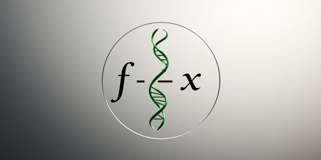 Create an image featuring the equation f(x) with a DNA helix inside parentheses on a circular background, high-resolution, macro lens, f/2.8 aperture, ISO 100, taken with a DSLR camera from a frontal view against a smooth gradient backdrop.