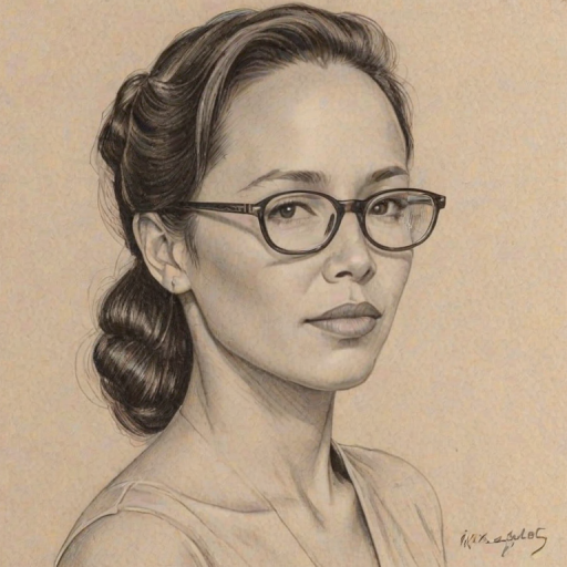 Stunning Irene Bedard, pencil sketch, portrait of Elegant woman 1938s in glasses, hair style beatnik, outline, clear lines, fine lines, 8k