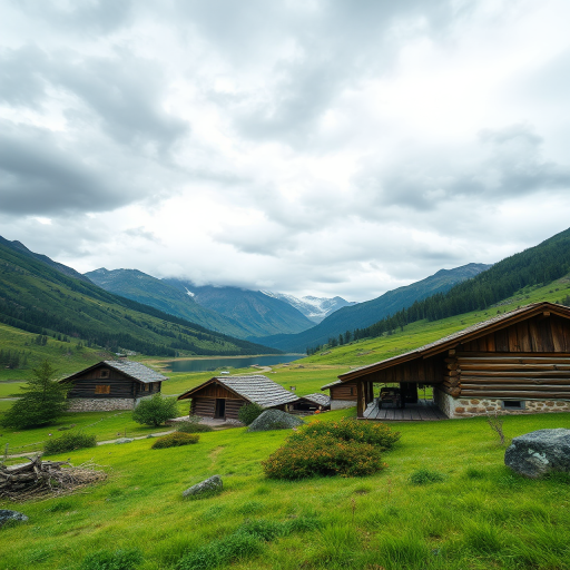 capture a picturesque valley scene with rustic cabins in the foreground, lush green grass and shrubs, majestic mountains in the background under a cloudy sky, focal length 24mm, aperture f/8, ISO 200, shoot from a low angle with a wide shot, using a DSLR camera