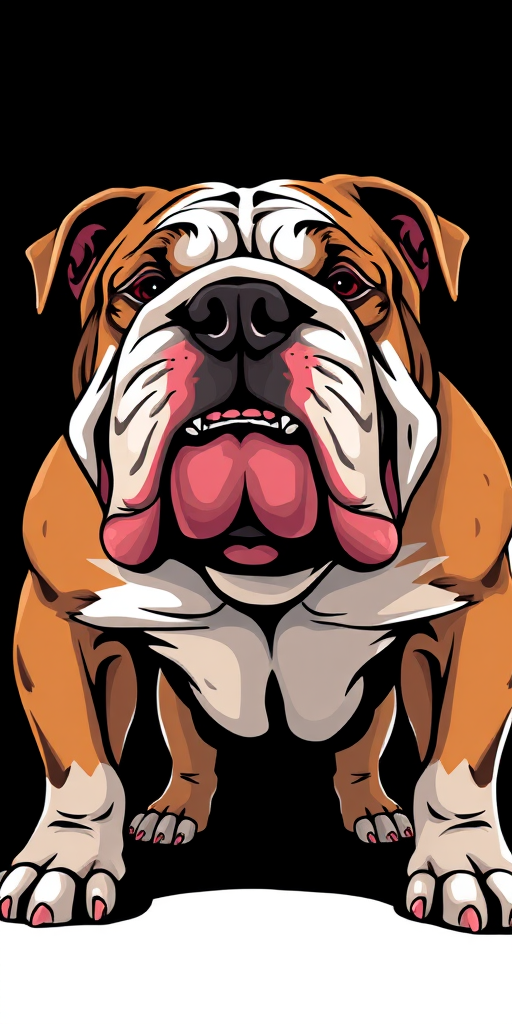 Create a high-resolution illustration of an aggressive bulldog with prominent features, using a DSLR camera with a 50mm lens, aperture set to f/1.8 for a shallow depth of field, focus on sharp details, and vibrant colors, captured from a low angle to emphasize the dog's stature against a black background.