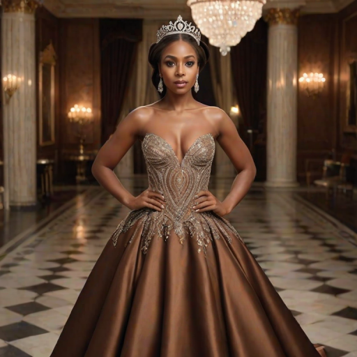 A gorgeous African American woman in a luxurious brown gown, accessorized with a dazzling tiara and statement earrings, her deep white eyes highlighted by impeccable makeup, poised in a royal setting, photorealistic, 8K quality