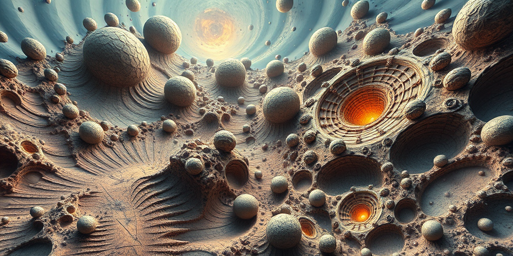 Generate a highly detailed, surreal fractal landscape with intricate geometric patterns and textures, featuring complex spheres and tunnels, captured with a DSLR camera at f/8 aperture, ISO 100, 24mm focal length, in a high dynamic range style, using a wide-angle lens for depth.