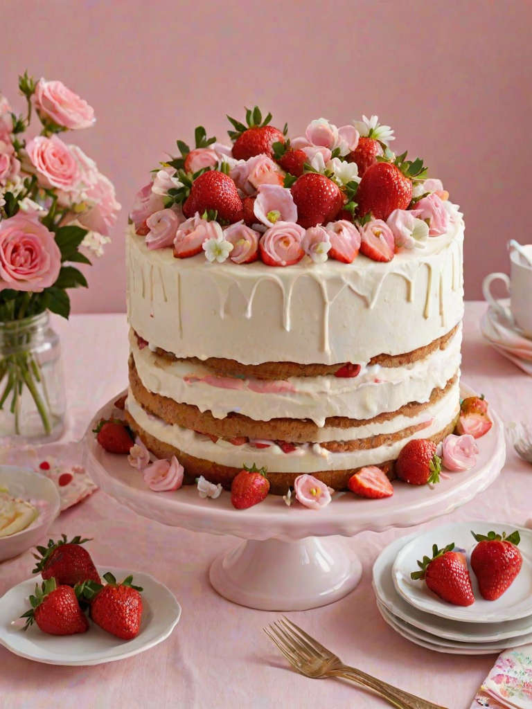 Create a beautiful layered cake with white frosting and fresh strawberries peeking through the layers. The cake should be decorated with delicate edible flowers on top. Place the cake on a simple, elegant cake stand against a soft pink background, with a floral tablecloth underneath. Include a few plates and utensils nearby for serving.