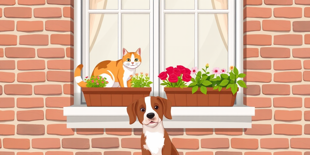 Illustration of two cats in a window with flower boxes, a brown and white dog standing below, set against a brick wall, captured with a digital camera, aperture f/8, ISO 100, 50mm lens, natural light, high-resolution.