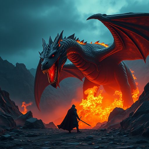 Create a dramatic fantasy scene featuring a lone warrior facing a massive fire-breathing dragon in a dark, mountainous landscape, use a Canon EOS R5, set ISO 100, aperture f/5.6, shutter speed 1/250s, with a low-angle view for a sense of grandeur, emphasizing vibrant colors and dynamic lighting to enhance depth and atmosphere.