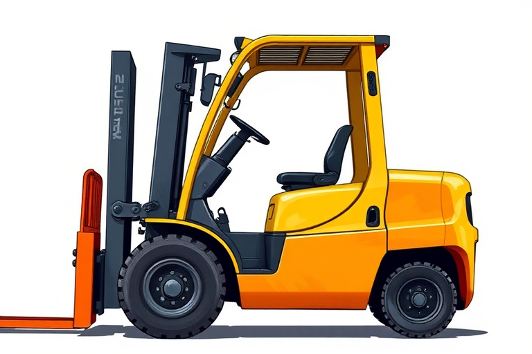 Create a detailed illustration of a yellow and orange forklift with a realistic look, captured from a three-quarter front view, using a DSLR camera at f/5.6 aperture, ISO 100, and a shutter speed of 1/200s to enhance clarity and depth.