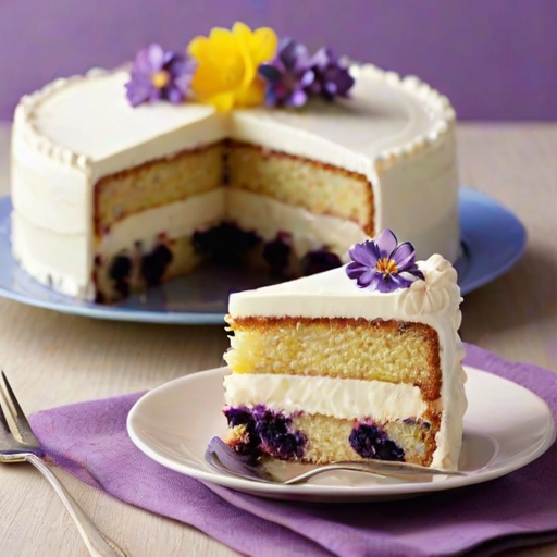 Create an image of a slice of layered cake. The cake should have three distinct layers, with a light yellow sponge, a purple berry filling, and a creamy white frosting on top. Decorate the top with fresh blueberries, a small edible flower, and a lemon slice. The cake should be presented on a white plate with a fork beside it. The background should be bright and cheerful, suggesting a warm, inviting atmosphere.
