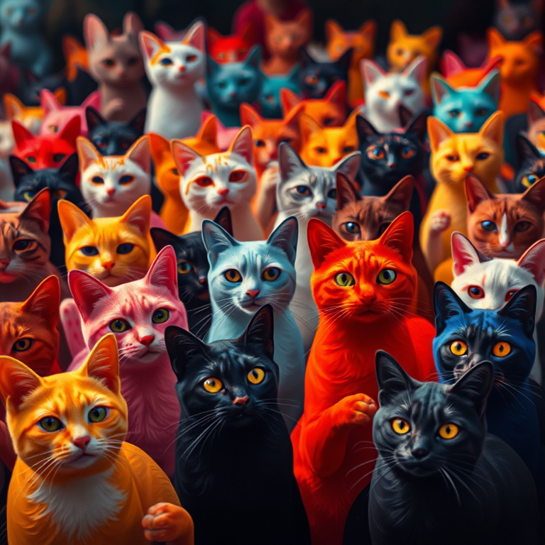 colorful artistic representation of a crowd of stylized cats in various colors, high contrast, slight abstract style, shot with a Canon EOS R5, 50mm lens, f/8 aperture, ISO 100, natural lighting to enhance texture and detail