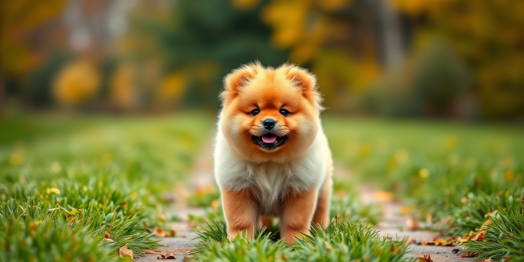 Lively portrait of a fluffy chow chow puppy standing on a grassy path with autumn trees blurred in the background, captured with a DSLR camera at f/2.8, ISO 100, shutter speed 1/200, portrait view, natural light.