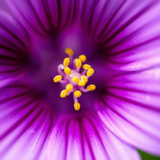 Close-up of a vibrant purple flower's center with detailed yellow stamens, macro photography, aperture f/2.8, shutter speed 1/200s, ISO 100, 100mm macro lens, soft focus background, natural light.