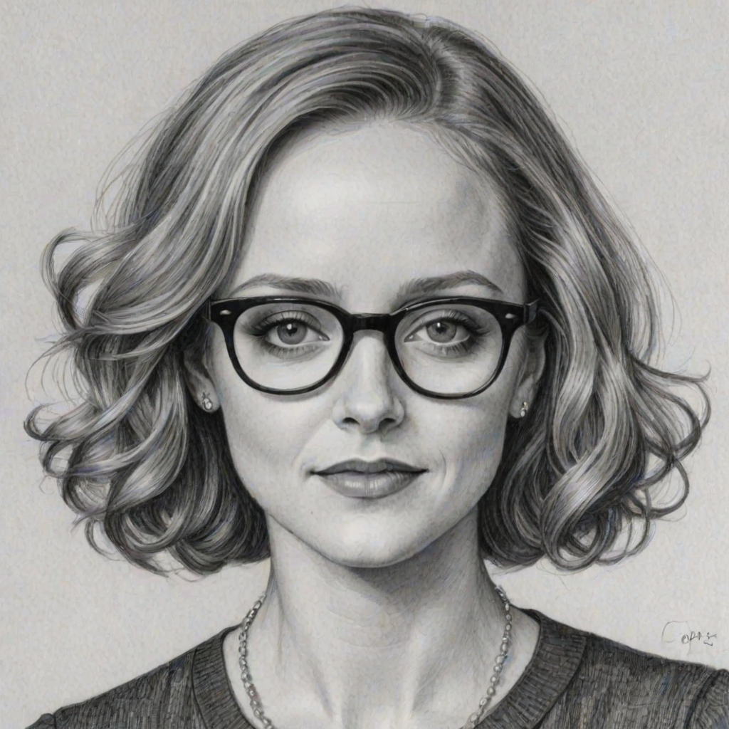 Alluring Jayma Mays, pencil sketch, portrait of Comely woman 1920s in glasses, hair style beatnik, outline, clear lines, fine lines, 8k