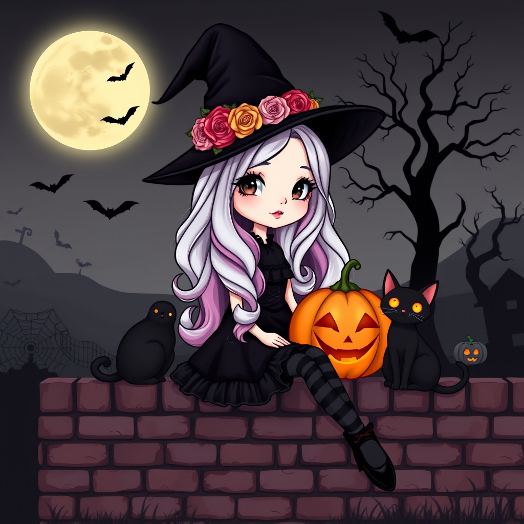 A cute, gothic-style cartoon of a young witch resembling Wednesday Addams sitting on a brick wall under a full moon. She has long wavy hair with silver, pink, and purple ombre highlights, and wears a classic black witch hat decorated with a pumpkin and roses. She is dressed in a black frilly dress with striped stockings and black shoes. A glowing Jack-o'-lantern sits beside her, and a black cat with glowing orange eyes is next to her. The background features a large moon, silhouetted bats, and a spooky tree, with a soft monochrome and slightly glowing effect, creating a magical Halloween atmosphere.