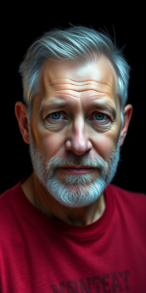 Create a high-resolution digital illustration of a middle-aged man with a gray beard and green eyes, wearing a red shirt, captured with a Canon EOS R5 at f/2.8, ISO 100, 50mm lens, in a studio setting with soft lighting and a plain black background.