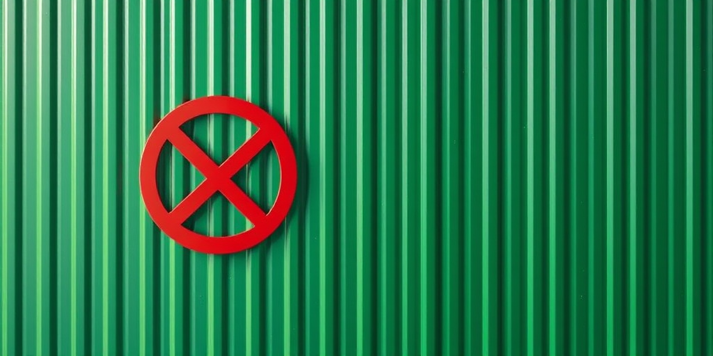 create a minimalistic digital graphic of a green striped background with a red prohibition sign in the top left corner, using a 50mm lens at f/8, ISO 100, with soft natural lighting and a high-resolution digital camera.