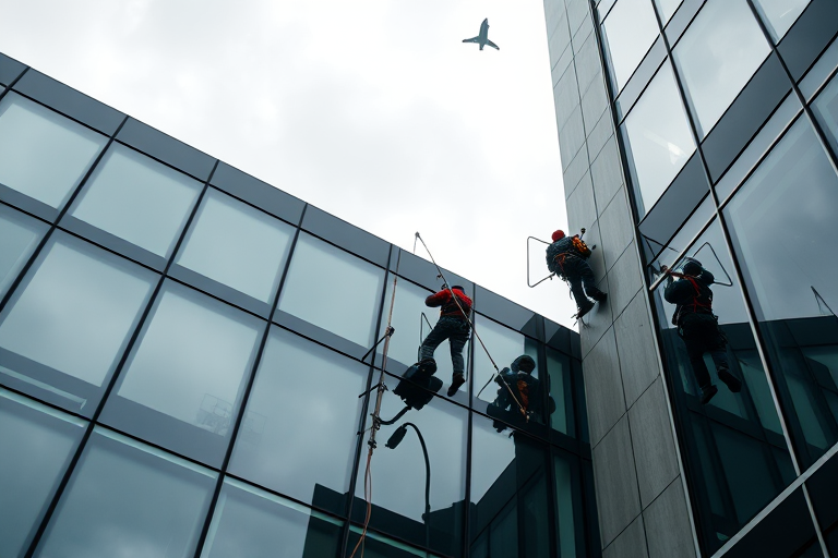 create a high-resolution image of window cleaners hanging from a modern building with large glass windows, shot with a DSLR camera at f/5.6 aperture, ISO 200, 1/500 sec shutter speed, wide-angle lens, from a slightly low angle to capture the workers in action against a cloudy sky background