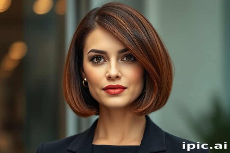 Sophisticated executive sporting a sleek, chin-length blunt cut bob in a rich mahogany hue with subtle cinnamon highlights