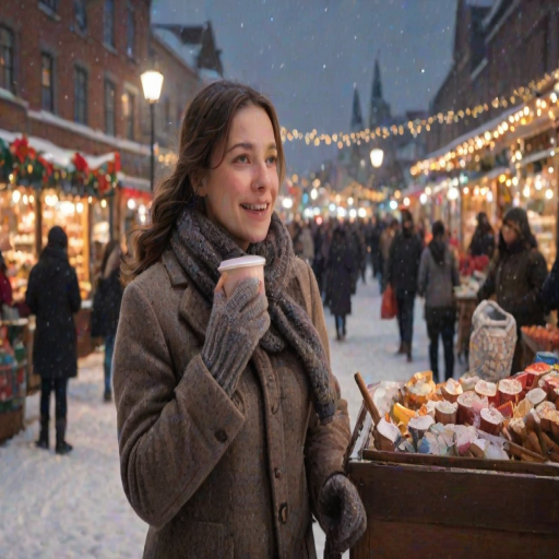 Snow-covered city square, holiday lights twinkling in the distance, a woman in a woolen scarf and mittens stands near a vendor's cart, holding a cup of hot chocolate, her cheeks flushed from the cold.