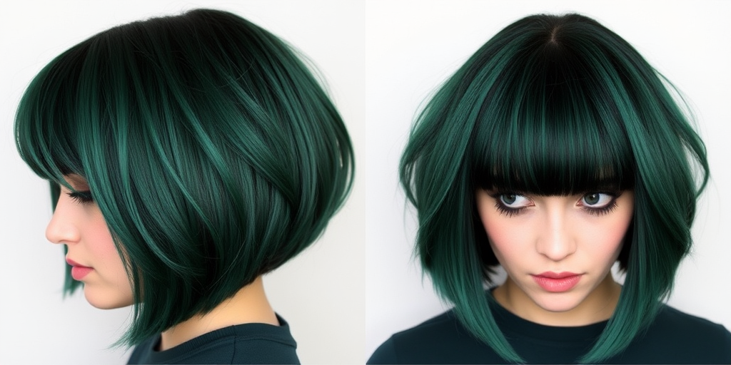 Deep emerald green bob named "Enchanted Forest" with darker roots and lighter ends, cut into a blunt chin-length style with micro bangs