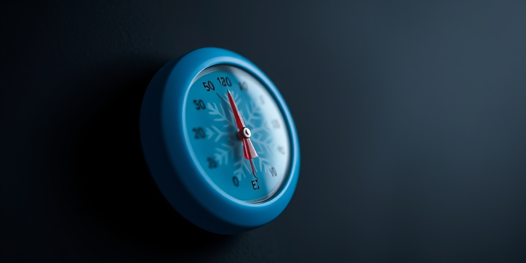 Create an image of a blue thermometer with a snowflake design on a dark background, using a 50mm lens, f/2.8 aperture, ISO 100, shot in soft focus with a shallow depth of field, in a digital format.