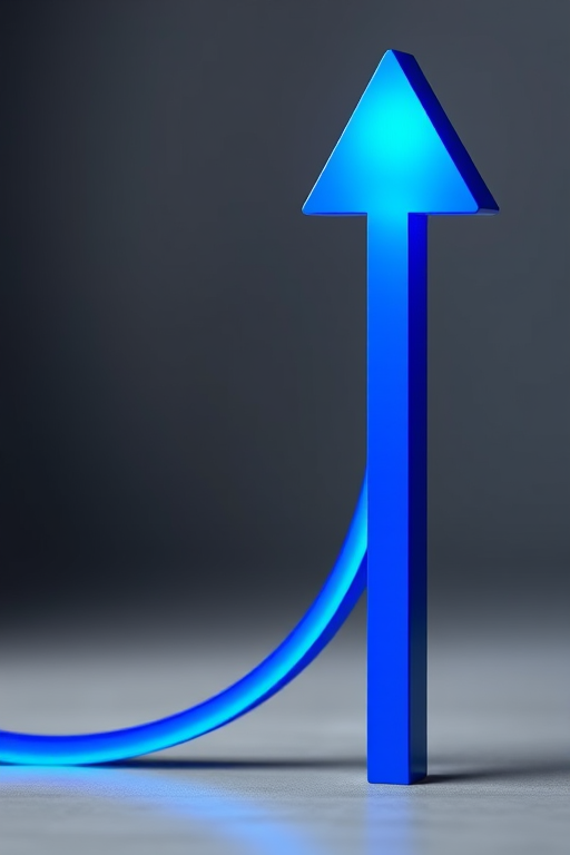 Create a vibrant blue arrow pointing upward, with a sleek, modern design, captured with a high-resolution digital camera, 50mm lens, f/2.8 aperture, using a shallow depth of field to emphasize the arrow against a softly blurred background.