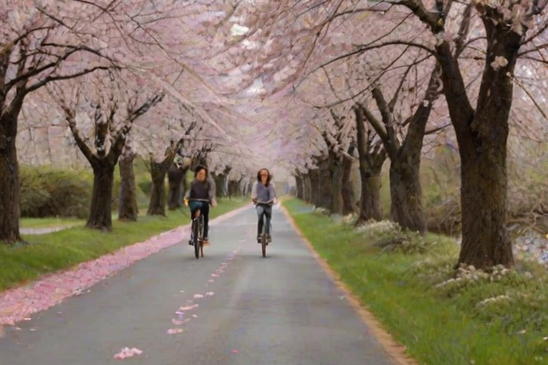 Quiet country road lined with cherry blossom trees, petals floating through the air, as a woman rides her bicycle slowly down the lane.