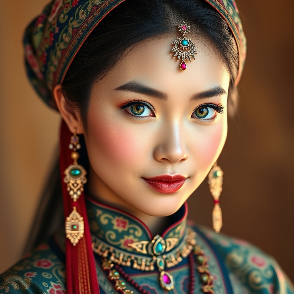 Create a portrait of a beautiful Vietnamese woman with striking green eyes and a gentle expression. She is adorned in traditional attire with intricate patterns, including a richly embroidered headscarf and matching garments. Her jewelry includes a delicate headpiece, dangling earrings, and ornate bracelets, all featuring vibrant gemstones and detailed metalwork. The background is soft and warm, enhancing the rich colors of her outfit and jewelry.
