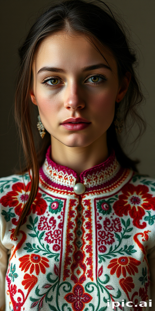 Face, shoulders, chest covered in openwork Ukrainian embroidery. Raw, unedited image.